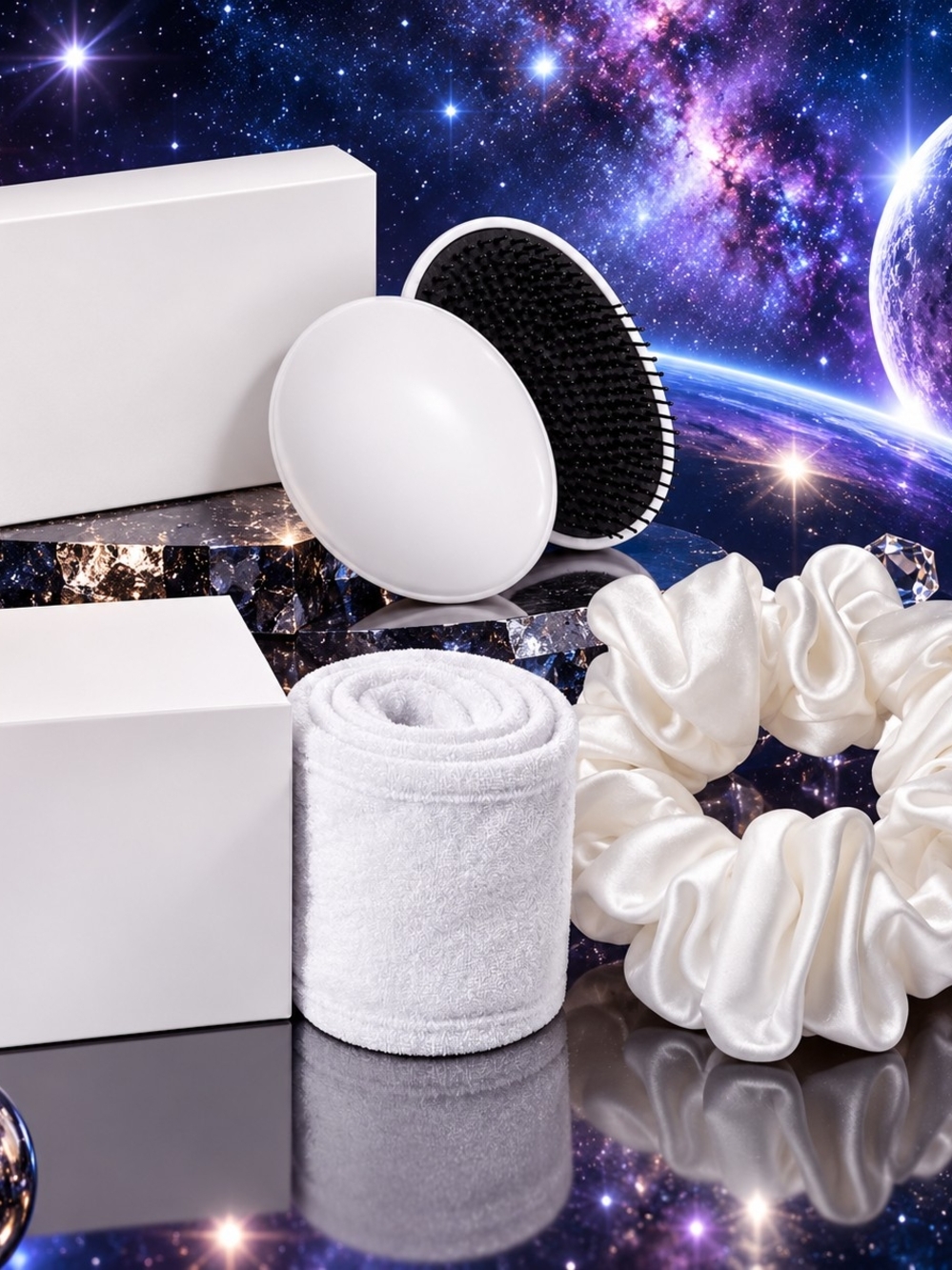 SpoiledChild White Satin Scrunchie & Hair Care Set Trio  Accessories